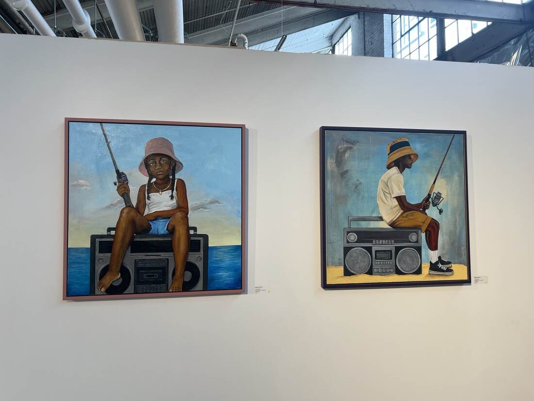 Two Fishing for Ideas paintings exhibited together on the BUTTER gallery wall